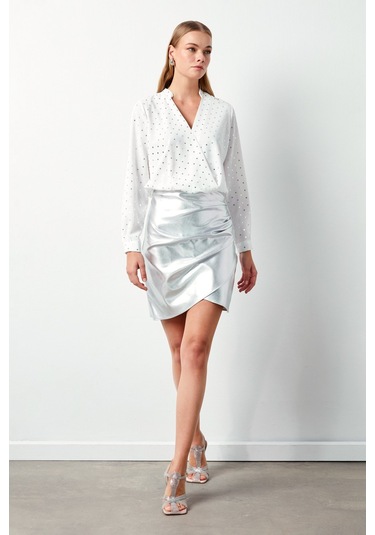 Sateen Parlak Puantiye Desenli Bluz - Ekru