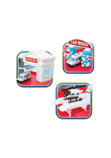 İki Katlı Hastane Garaj Seti - Otopark Seti - Araba Seti - Doktor Oyuncak - İki Katlı Garaj