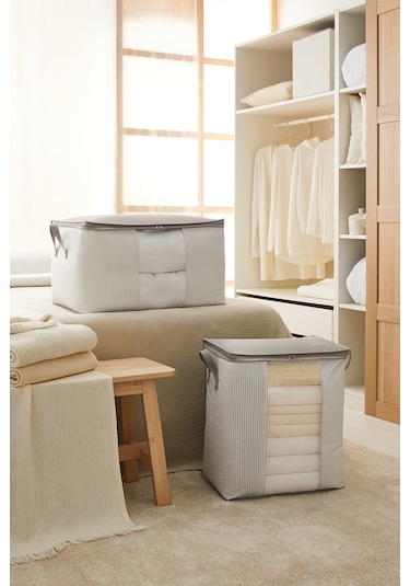 Ocean Home Textile 2'li Pvc Pencereli Stuff & Things Gri Çizgili Hurç Set