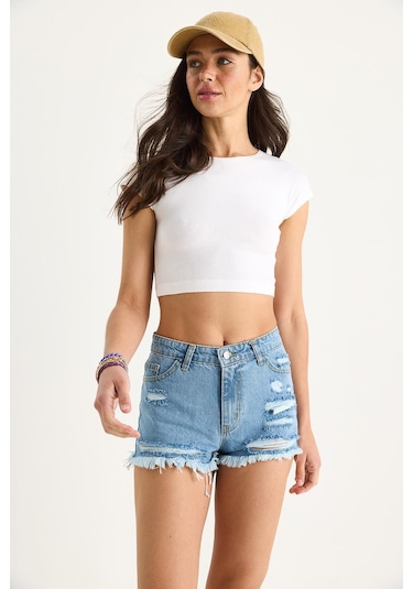Shade Kadın Cep Detaylı Püsküllü Yırtık Denim Şort 60283399 - Mavi
