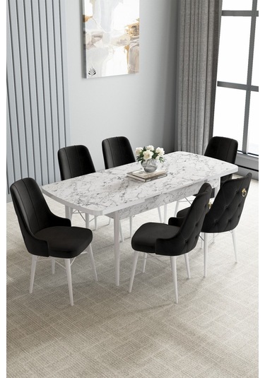 Jusie Beyaz Mermer Desen 80x132 Açılabilir Yemek Odası Takımı 6 Adet Sandalye Siyah