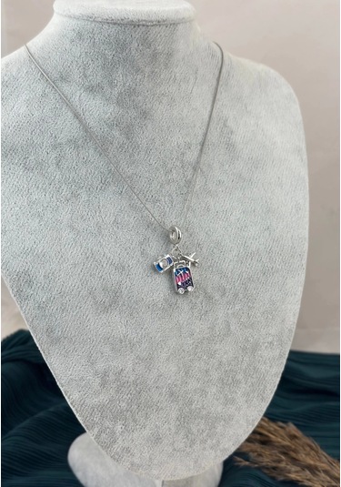 Gümüş Charmlı Seyahat Çocuk Kolye 40+5 Cm Çok renkli