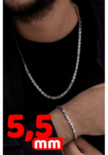 Erkek Gümüş Kolye Bileklik Set - 5.5mm Euro Kral Zincir Oksitli