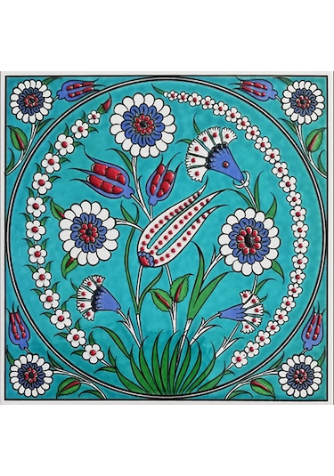 Armada Çini 20x20 Cm ED 339 Turkuaz Lale Desenli Eldekoru Çini ka
