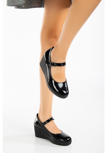 Baretli Suni Deri Siyah Rugan Kadın Dolgu Taban Ayakkabı-3105-sıyah