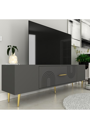 Valeria Tv Sehpası Tv Ünitesi 150 Cm Antrasit Altın