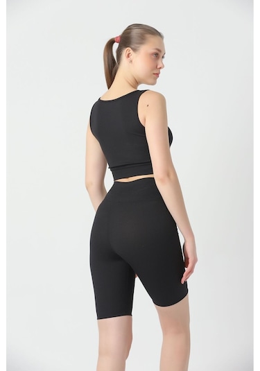 Kallima Siyah Toparlayıcı Fitilli Spor Crop-biker Tayt Takım Siyah