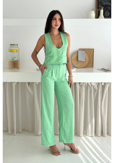 Çizgili Kumaş Yelek Takım Yeşil Yeşil