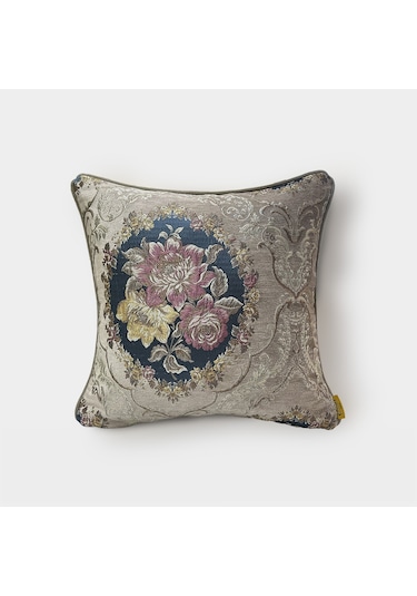 "royal" Dokulu Çiçek Desenli Kırlent - 45x45 Vizon - Mavi - Pembe