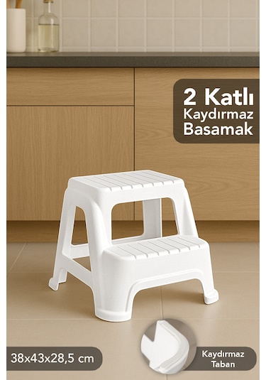 2 Basamaklı Merdiven Tabure - Kaydırmaz Tabanlı Çok Amaçlı Basamak Tabure Beyaz