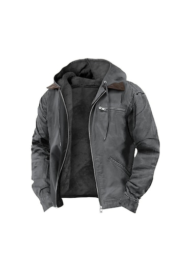 Düz Renk Kapüşonlu Pamuklu Günlük Erkek Giyim Artı Kadife Fermuarlı Cepli Ceket Yeşil