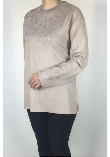 Kadın Likralı Turlu Viskon Büyük Beden Yaka Ve Kolağzı Taşlı Ve İşlemeli Bluz Krem