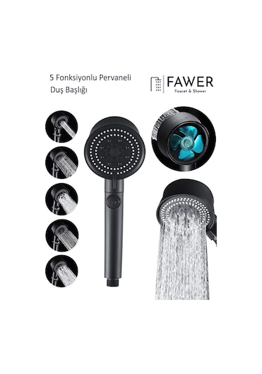 Siyah Turbo 5 Fonksiyonlu Pervaneli Mafsallı Duş Seti Duş Başlığı Siyah