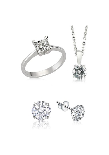 Takı Dükkanı Tek Taş Gümüş Kolye Küpe Ve Yüzük Seti Ags02 Gümüş