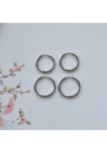 Cerrahi Çelik Düz Küpe Seti 4 Parça Silver Gri