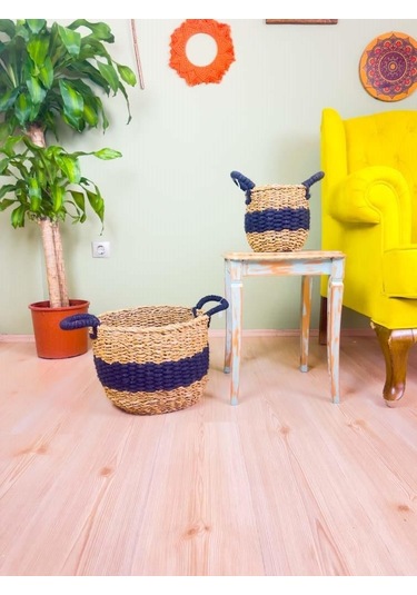 Bitki Tasarımı Düzenleyici Kulplu Siyah Şeritli Doğal Örgü Sepet İkili Set Büyük-küçük