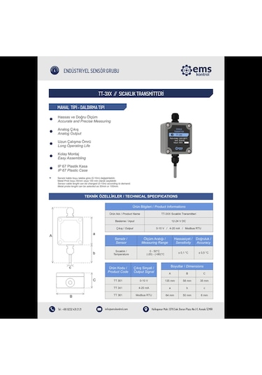 Ems Kontrol - Sıcaklık Transmitteri Modbus Rtu / -20 - +80 C