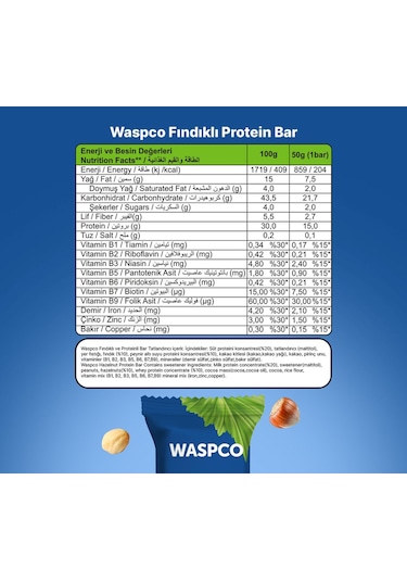 Waspco Co Yüksek Protein Bar - Fındıklı 50g X 12 Adet