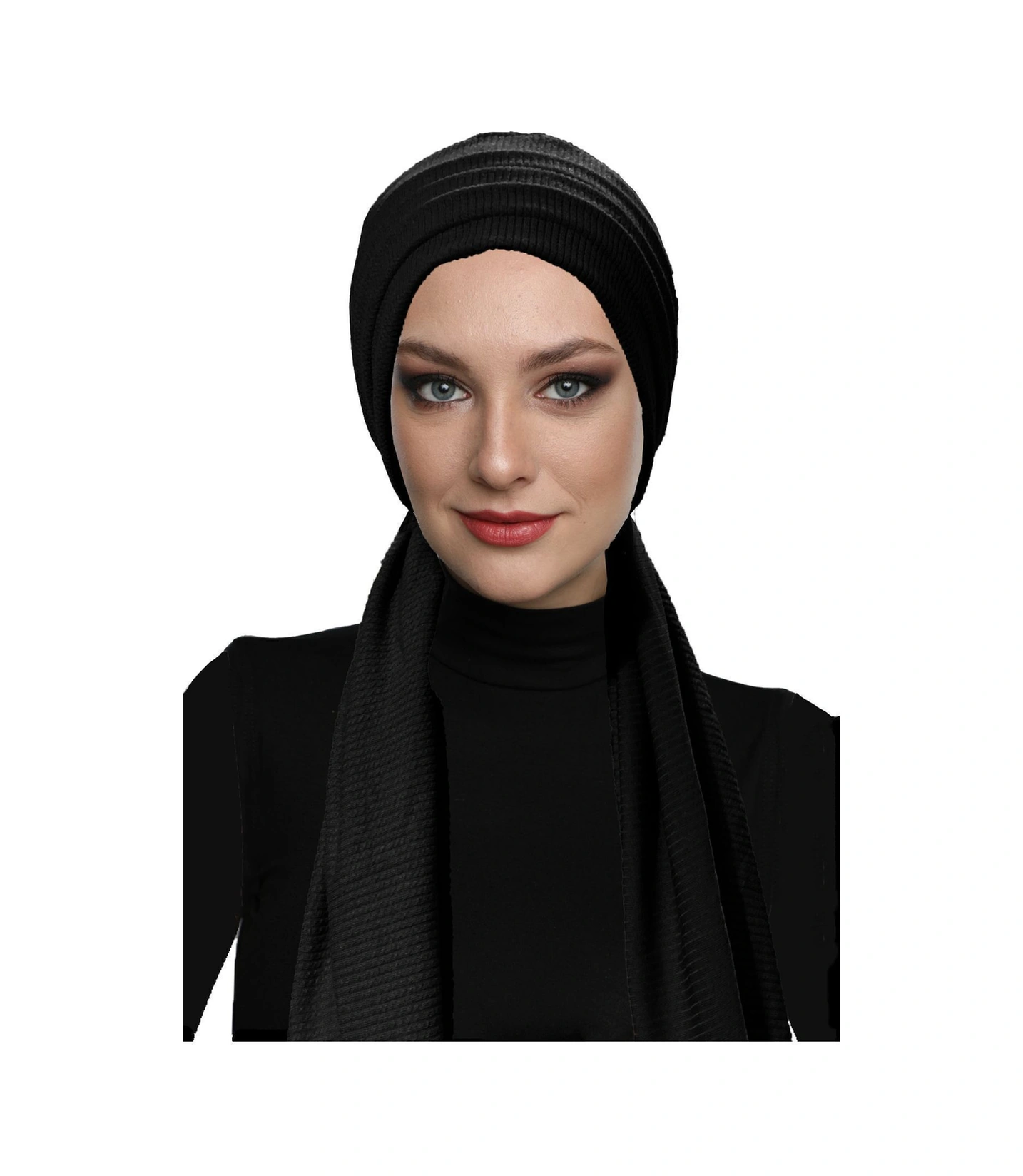 Fitilli Penye Bağlama Siyah Hazır Türban Tesettür Bone Siyah