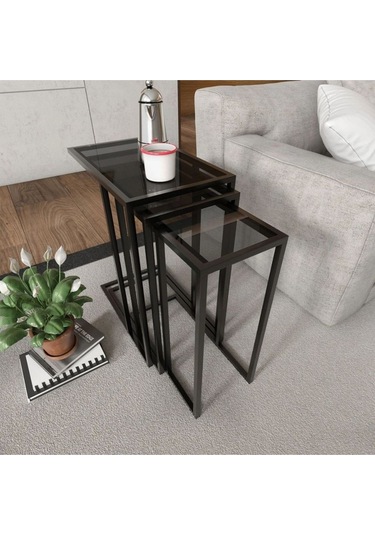 Rozy Camlı Üçlü Zigon Sehpa Siyah