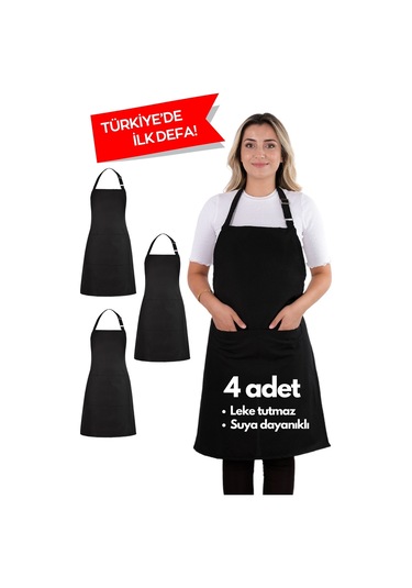 4 Adet Simple Ayarlanabilir Askılı Mutfak Önlüğü Siyah