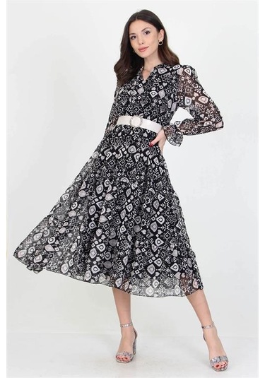 Neşeli Butik Kadın Kemerli Yakası Bağlama Detaylı Desenli Şifon Elbise Rssn02 Siyah