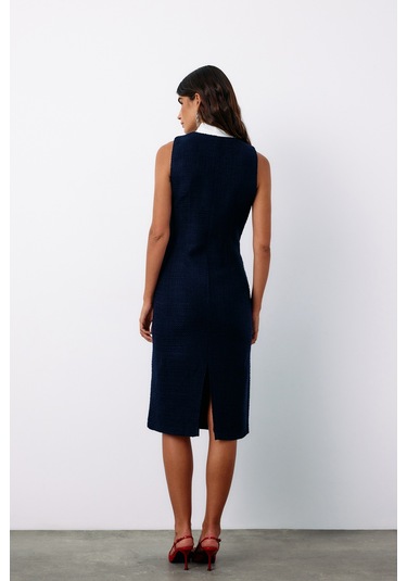 Sateen Fularlı Kolsuz Tüvit Elbise - Lacivert-135150 Lacivert