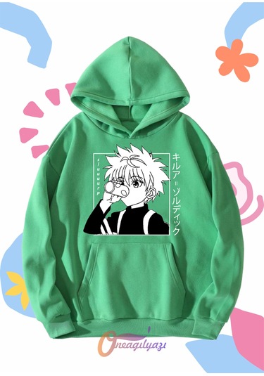 Çocuk Unisex Hunter Killua Anime Baskılı Oversize Kapüşönlü Sweatshirt Yeşil