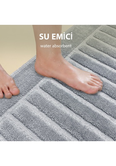 Bonny Home Line Köşeli Gri 2'li %100 Pamuk Banyo Halısı Paspası Seti Klozet Takımı Gri