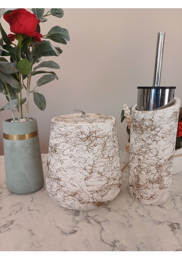 Betonmall 2'li Set Beton Banyo Çöp Kovası Ve Tuvalet Wc Fırçalığı Bej