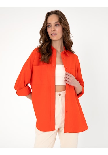 Pierre Cardin Kadın Açık Mavi Oversize Uzun Kollu Keten Gömlek 50301078-VR003