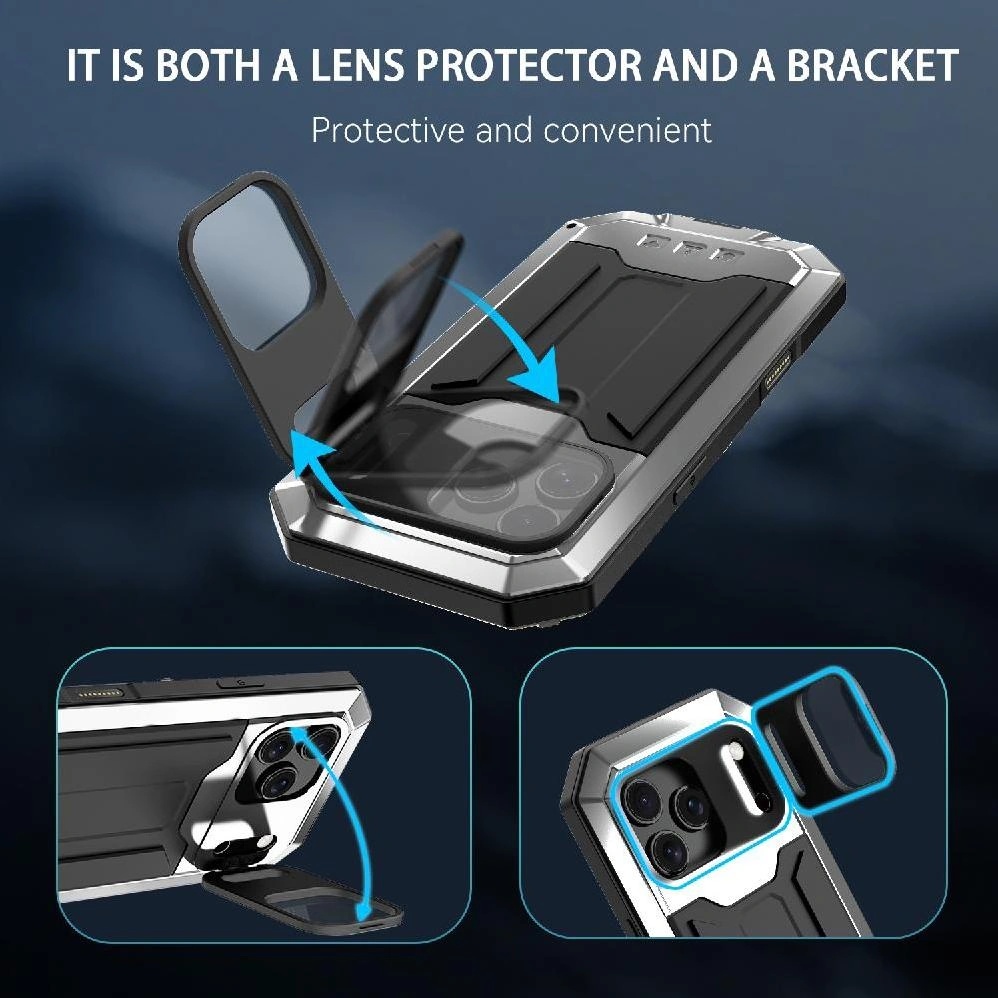 İphone 17 Pro Max İçin Metal Standlı Telefon Kılıfı Dahili Kamera Destek Ayağı Ağır Hizmet Dayanıklı Şok Geçirmez Cam Ekran Koruyucu