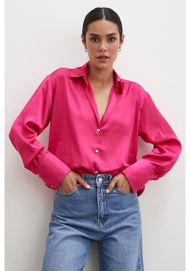 Never More Basic Saten Gömlek Fuşya Fuşya