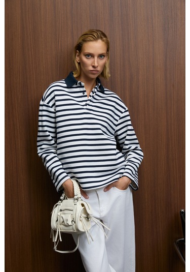 Grımelange Muse Kadın Çizgili Triko Polo Yakalı Regular Fit Lacivert Sweatshirt Lacivert