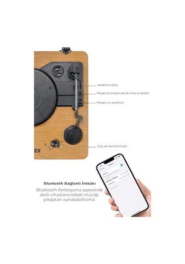 Midex MTX-256 Şarjlı Bluetooth Aux Hoparlörlü Nostaljik Pikap Plak Çalar