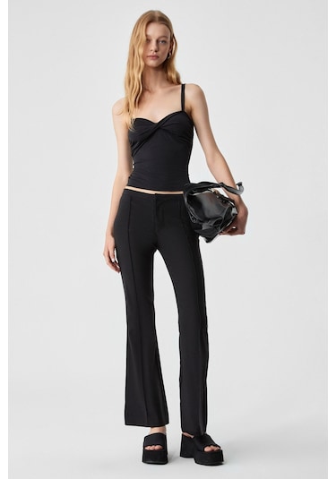 GRIMELANGE Efılıus Kadın Slim Geniş Paça Fermuarlı Siyah Pantolon Siyah