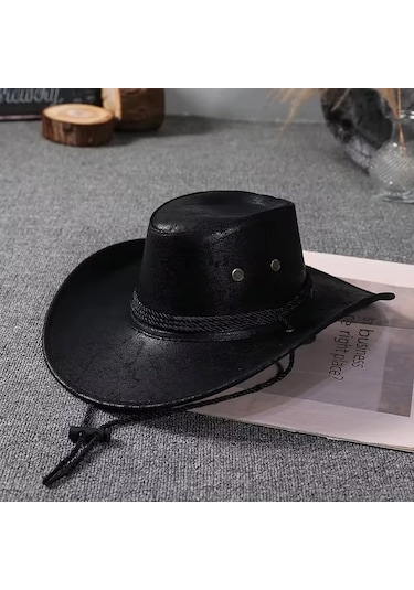 Linchen Suni Deri Kovboy Şapkası Kadın Erkek Vintage Panama Şapka Batı Stili Kırmızı Xs