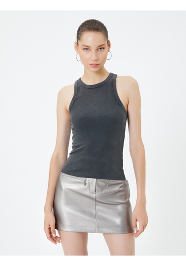 Koton Halter Yaka Atlet Yıkamalı Ribanalı Pamuklu Slim Fit Antrasit 4wal30016ık Antrasit