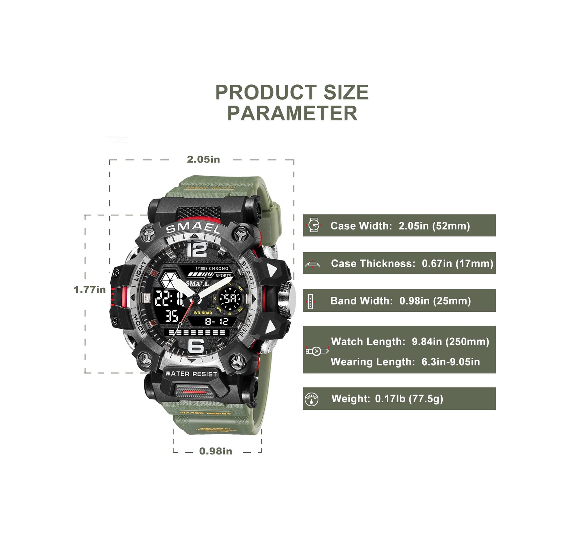 Geeroyoo Erkekler İçin Smael 8072 Askeri Stili Kronograf Alarm Stopwatch Sert Çarpıma Dayanıklı 3atm Su Geçirmez Led Işıklı Dış Mekan Kol Saati