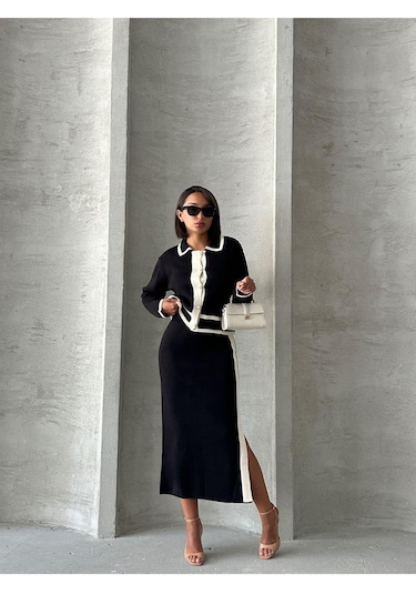 Kadın Inci Düğmeli Etekli Triko Takım Siyah
