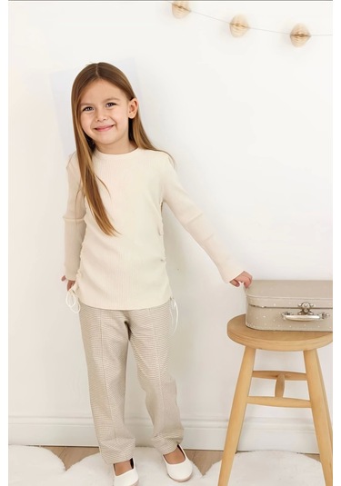 Ekose Pantolonlu Krem Renk Kız Çocuk Takım KREM