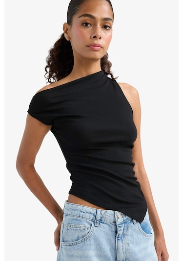 Defacto Slim Fit Dar Kesim Tek Omuzlu Ribana Siyah Bluz F2453ax25smbk81 Siyah