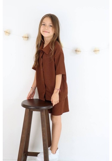 Gömlek Oversize Kız Şort Takım Karamel Kahve Açık Kahverengi