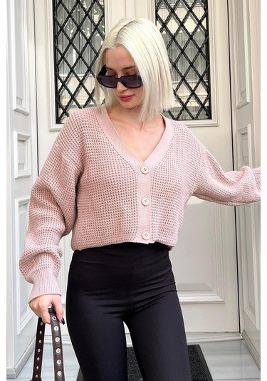 Madmext Pudra Uzun Kollu Düğmeli Crop Hırka Mg2198 Pudra