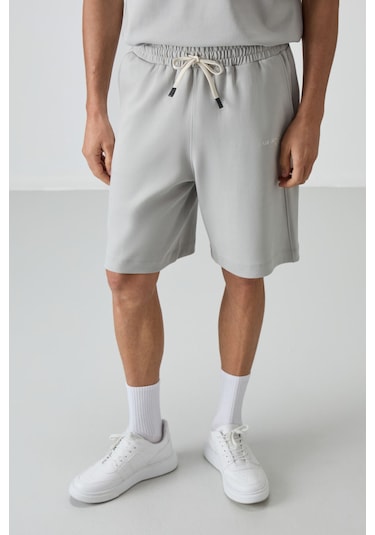 Taş Pamuklu Kalın Yumuşak Dokulu Oversize Fit Nakışlı Erkek Şort Takım - 85250