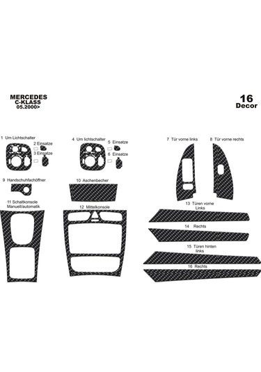 Mercedes C Serisi Konsol-torpido Kaplama 2000-2006 16 Parça-karbon Karbon