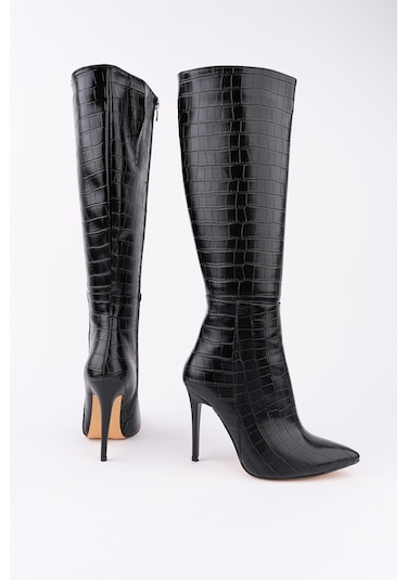 Muggo Zest Kroko Desenli Sivri Burun Fermuarlı İnce Topuklu Kadın Çizme siyah