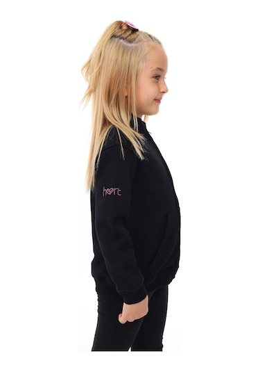 Toontoy Kız Çocuk Dik Yaka Fermuarlı Cepli Nakış Baskılı Örme Hırka - 2 İplik Şardonlu Siyah