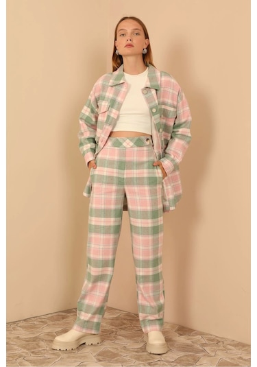Saklımoda Ekose Kumaş Rahat Kalıp Kadın Pantolon-pembe Çok Renkli