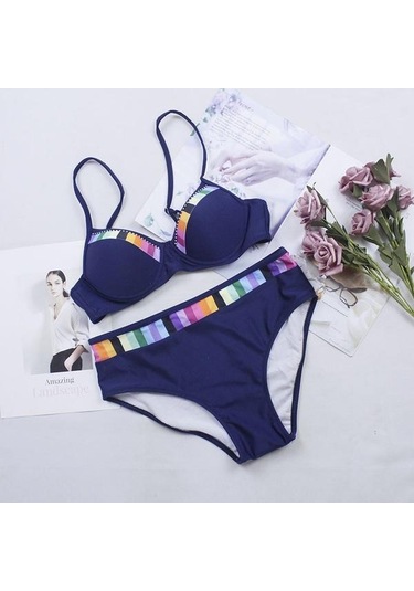 Yeni Yaz Kadın Bikini Seti Colorblock Yüksek Bel Yüzme Alt Rahat Kadın Beachwear Mayo Mayo İç Giyim Mavi